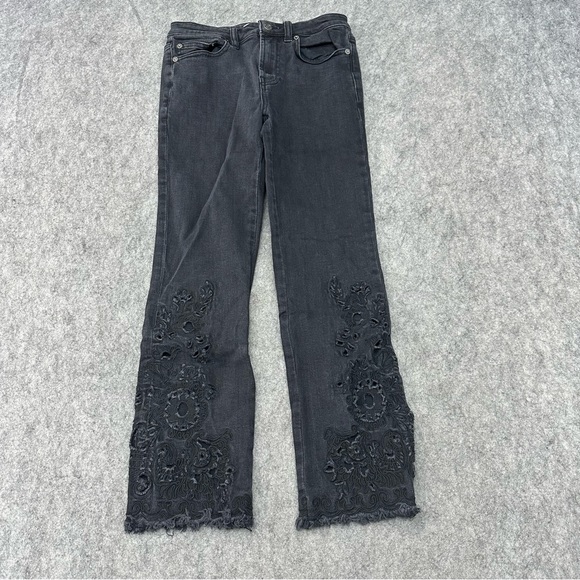 Free People Denim - Free People Jeans Women’s 26 Black Floral Embroidered Raw Hem